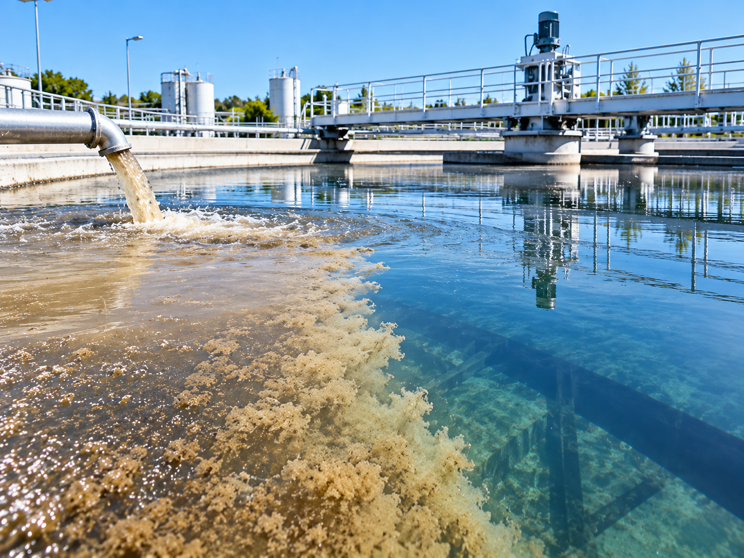 Clarificateur industriel : eau trouble à l'arrivée, eau limpide après coagulation
